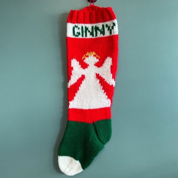 Vintage Red & Green Knit Christmas Stocking With Angel Design & "Ginny" Name - Picture 1 of 5